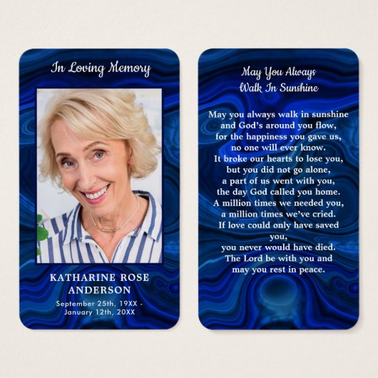 ブルーマーブルフォトメモリアル葬儀祈りの言葉カード (正面&裏面)