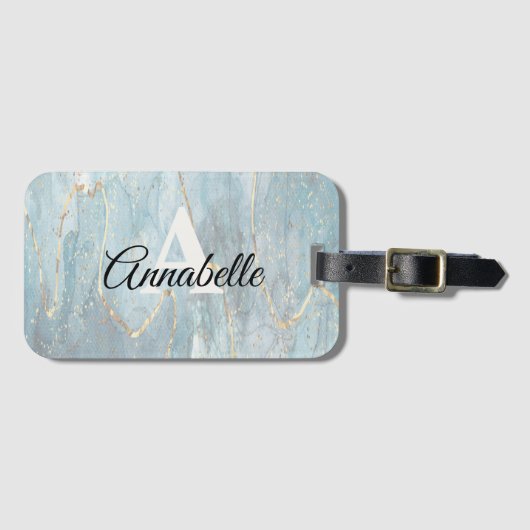 ブルーマーブル金ゴールドタグ付きモノグラムのラゲッジタグ ラゲッジタグ (正面横)