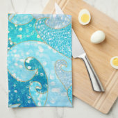 ブルーマーメイドフェイクグリッターシー – ティール（緑がかった色）金ゴールド海 キッチンタオル (四つ折り)