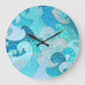 ブルーマーメイドフェイクグリッターシー – ティール(緑がかった色)金ゴールド海 ラージ壁時計 (正面)