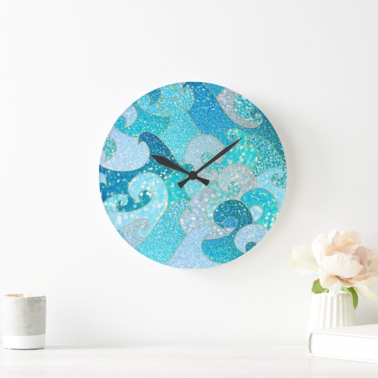 ブルーマーメイドフェイクグリッターシー – ティール(緑がかった色)金ゴールド海 ラージ壁時計 (ホーム)