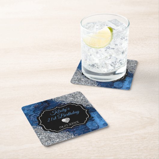 ブルーマーメイドレターズシルバーグリッター誕生日 スクエアペーパーコースター (インサイチュ)