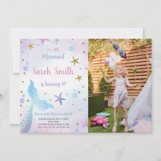 ブルーマーメイド誕生日招待状と写真 招待状 (正面)