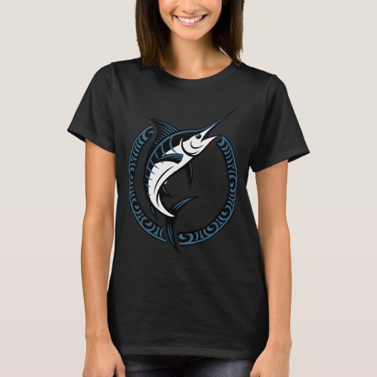 ブルーマーリンが海でジャンプ Tシャツ (正面)