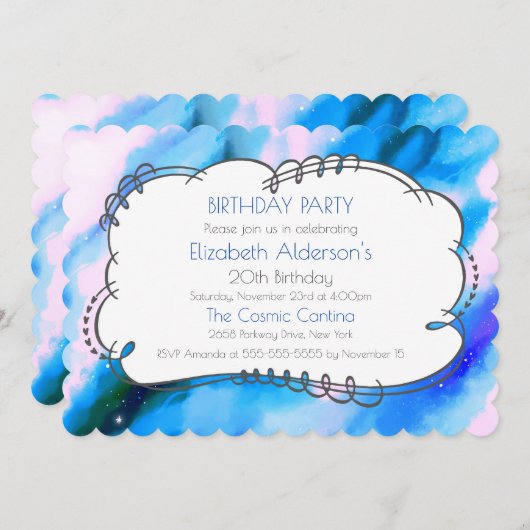 ブルーマーリーアウター空間抽象芸術誕生日招待状 招待状 (正面/裏面)