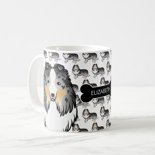 ブルーマール+シェルティ+犬の骨+名前 コーヒーマグカップ (正面左)