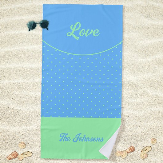 ブルーミッドセンチュリーグリーンレトロドットサマーラブ ビーチタオル