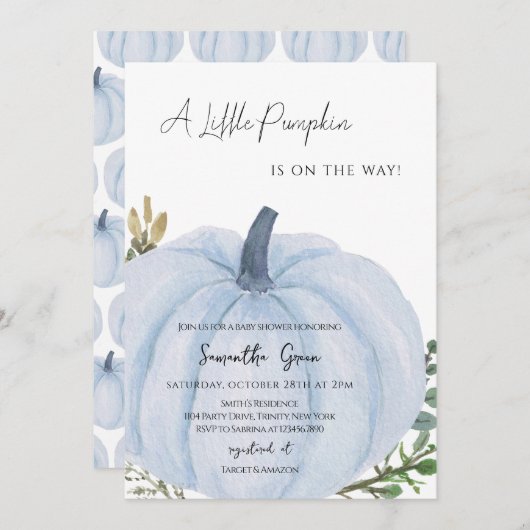 ブルーミニマリストカボチャ赤ちゃんシャワー 招待状 (正面/裏面)