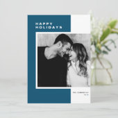 ブルーミニマリストカラーブロックハッピーホリデーズフォト シーズンカード (スタンド正面)