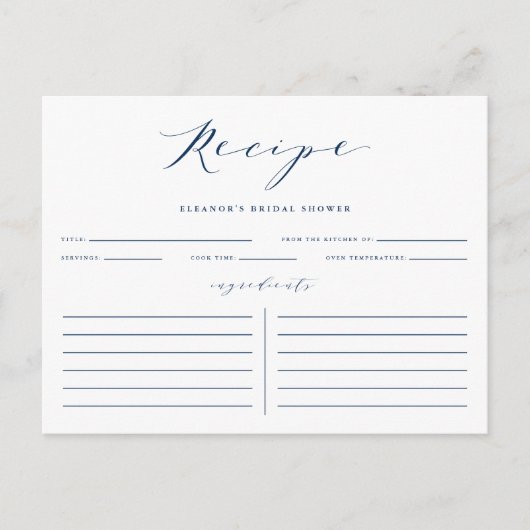 ブルーミニマリストスクリプトブライダルシャワーレシピカード ポストカード (正面)
