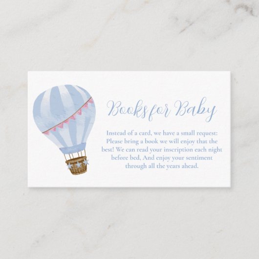 ブルーミニマリストホットエアバルーンブックベビーシャワー エンクロージャーカード (正面)