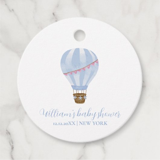 ブルーミニマリストホットエアバルーンボーイベビーシャワー フェイバータグ (正面)