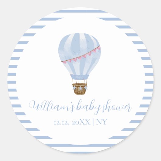 ブルーミニマリストホットエアバルーンボーイベビーシャワー ラウンドシール (正面)