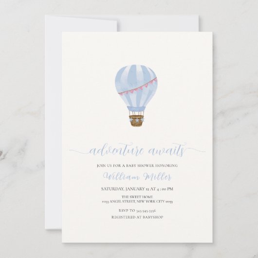 ブルーミニマリストホットエアバルーンボーイベビーシャワー 招待状 (正面)