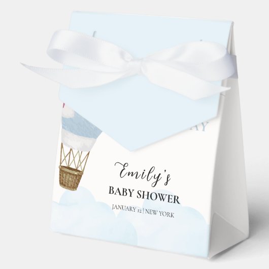 ブルーミニマリストボーホホットエアバルーンベビーシャワー フェイバーボックス (正面)