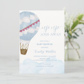 ブルーミニマリストボーホホットエアバルーンベビーシャワー 招待状 (スタンド正面)