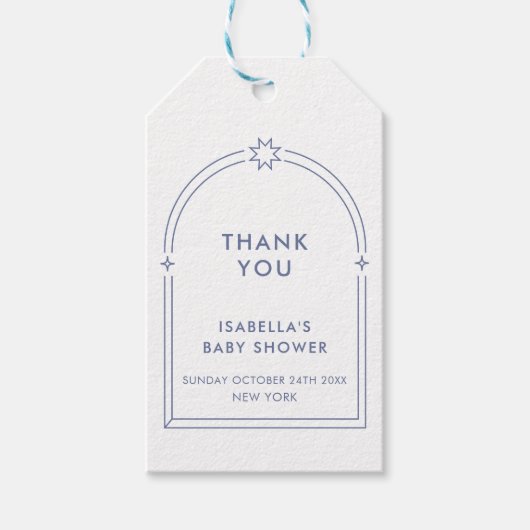 ブルーミニマリストBohoアーチベビーシャワー ギフトタグ (正面)