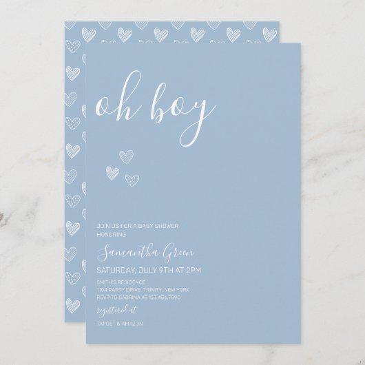 ブルーミニマリストOh Boyベビーシャワー 招待状 (正面/裏面)
