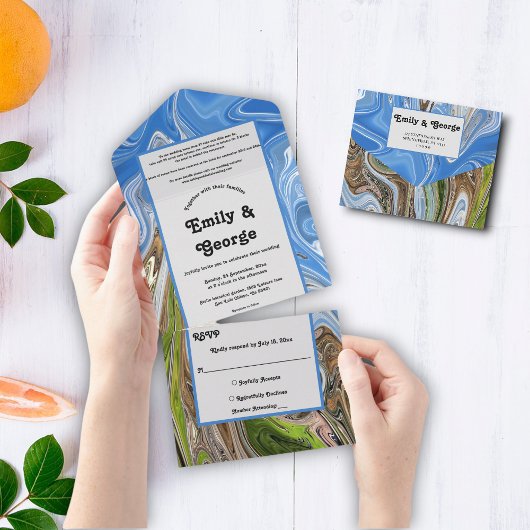 ブルーミニマルスカイグリーンアーストーン抽象芸術結婚 オールインワン招待状