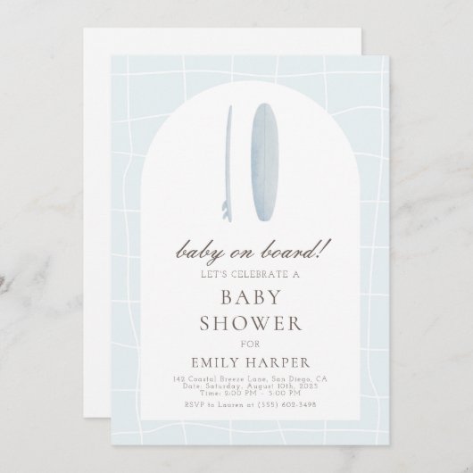 ブルーミニマルベビーオンボードベビーシャワー招待状 招待状 (正面/裏面)