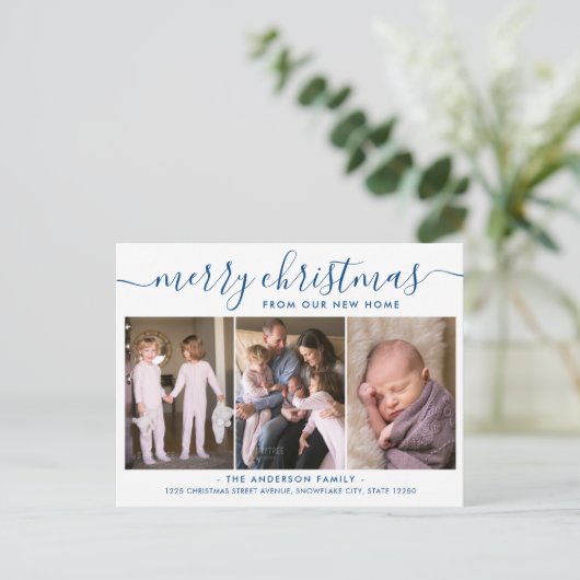 ブルーミニマルメリークリスマスフォトホリデームービング 案内ポストカード (スタンド正面)