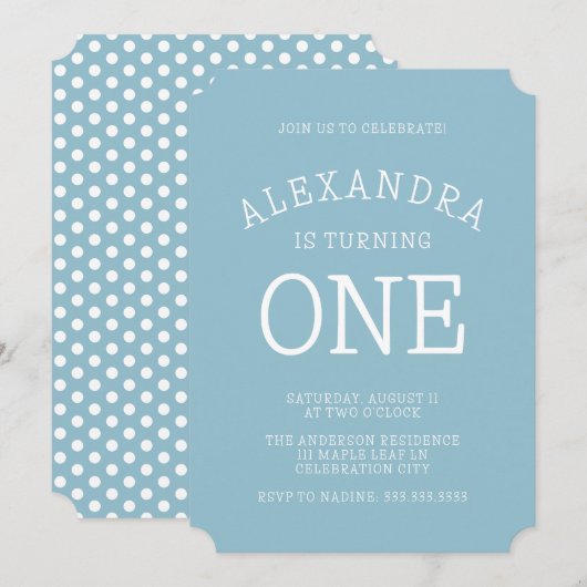 ブルーミニマルモダン水玉模様第1誕生日 招待状 (正面/裏面)