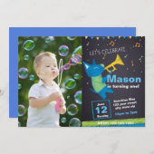 ブルーミュージック誕生日招待状と写真 招待状 (正面/裏面)