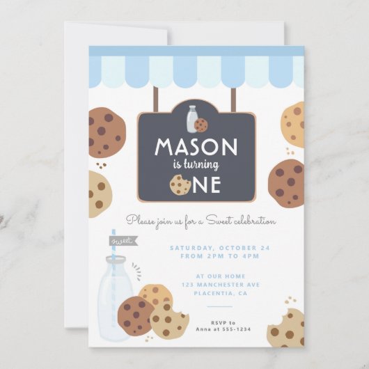 ブルーミルクとクッキーの最初の誕生日の男の子 招待状 (正面)
