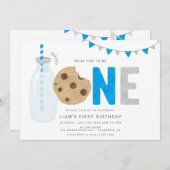 ブルーミルクとクッキーの最初の誕生日ミニマル 招待状 (正面/裏面)