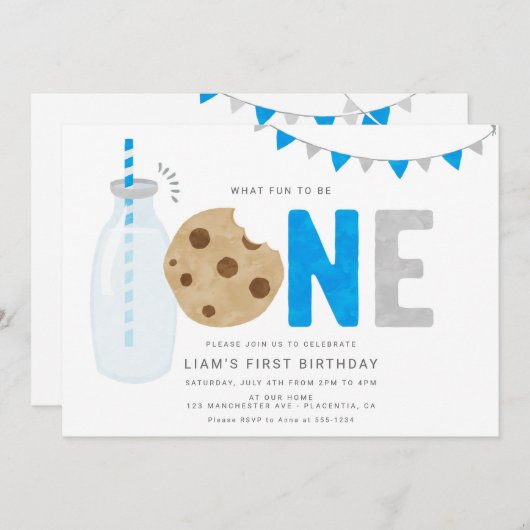 ブルーミルクとクッキーの最初の誕生日ミニマル 招待状 (正面/裏面)