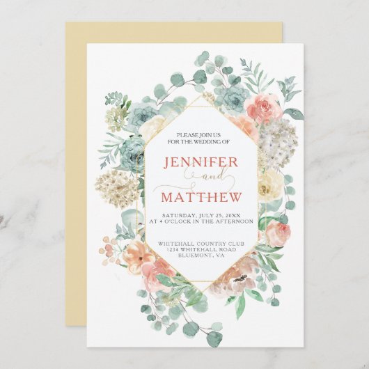 ブルーミングアプリコットジオメトリック – ソフト金ゴールド背景 招待状 (正面/裏面)