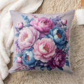 ブルーミングエレガンス:薄紫&ブルー牡丹装飾用クッション クッション (ブランケット)