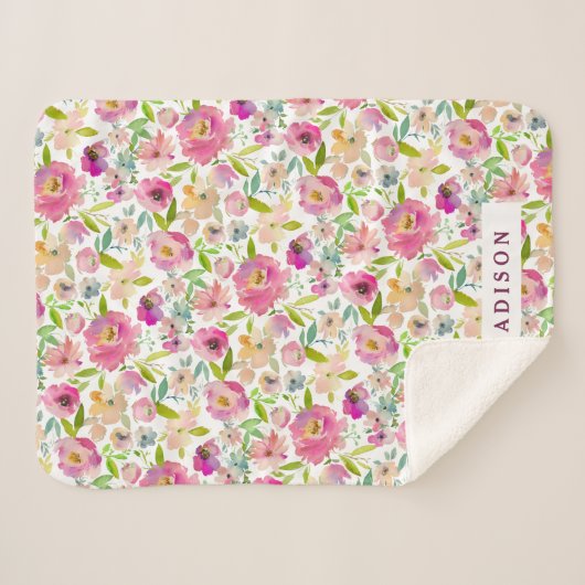 ブルーミングカラフルシックミント赤面フローラモノグラム シェルパブランケット (正面(横))