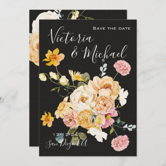 ブルーミングガーデンフローラダークムーディ日付を保存 招待状 (正面/裏面)