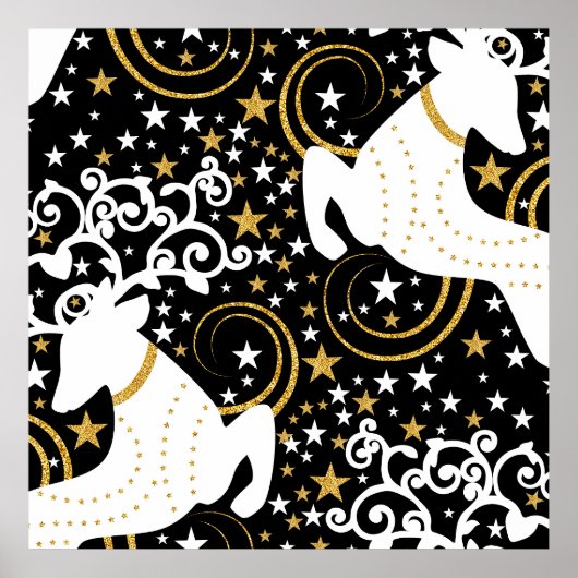 ブルーミングゴールデンクリスマスフローラ鹿 ポスター (正面)