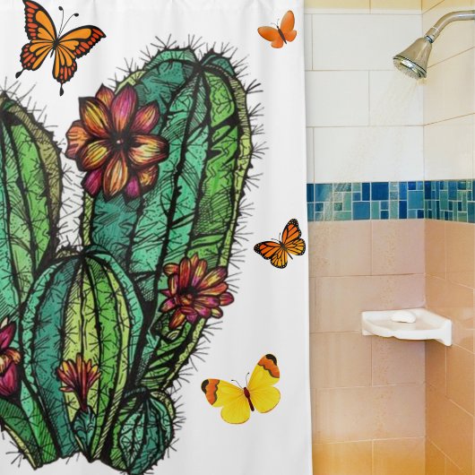 ブルーミングサボテンとバタフライシャワーカーテン シャワーカーテン