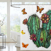 ブルーミングサボテンとバタフライシャワーカーテン シャワーカーテン