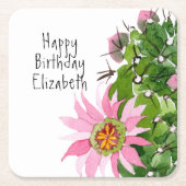 ブルーミングサボテン水彩カスタムパーティー スクエアペーパーコースター (正面)