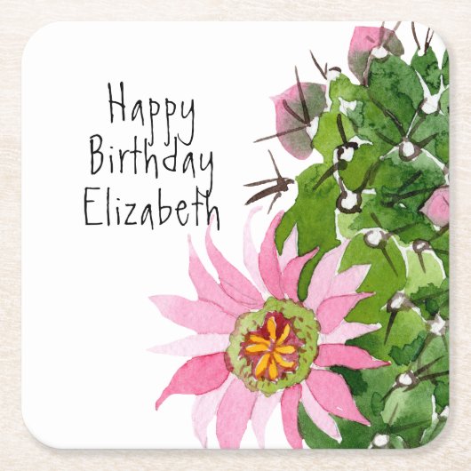 ブルーミングサボテン水彩カスタムパーティー スクエアペーパーコースター (正面)