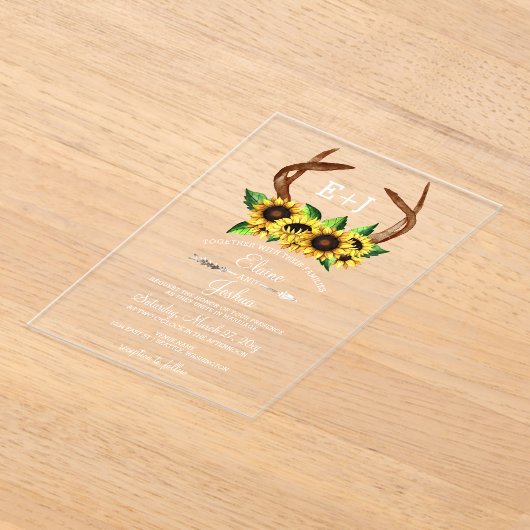 ブルーミングサンフラワーズ〔雄ジカの〕枝角カントリーシ結婚ック アクリル招待状 (レイダウン)