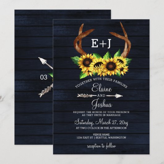 ブルーミングサンフラワーズ〔雄ジカの〕枝角カントリーシ結婚ック 招待状 (正面/裏面)