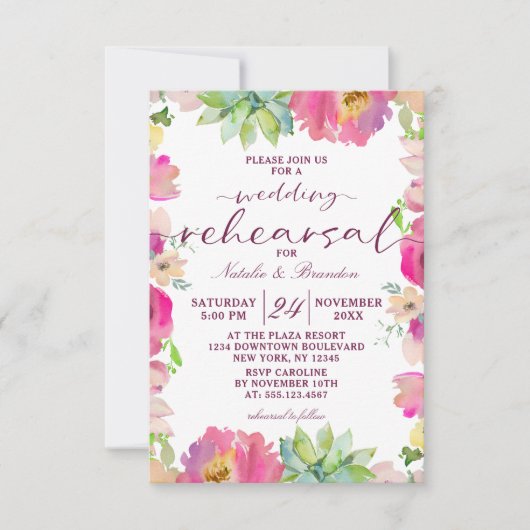 ブルーミングシックなピンクのフローラ結婚のリハーサルディナー 招待状 (正面)