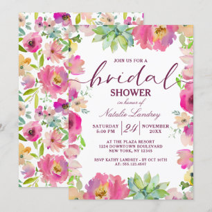 ブルーミングシックピンク結婚フローラブライダルシャワー 招待状