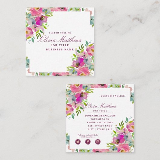 ブルーミングシック赤面ピンクフローラ枠付き正方形 スクエア名刺 (正面/裏面)