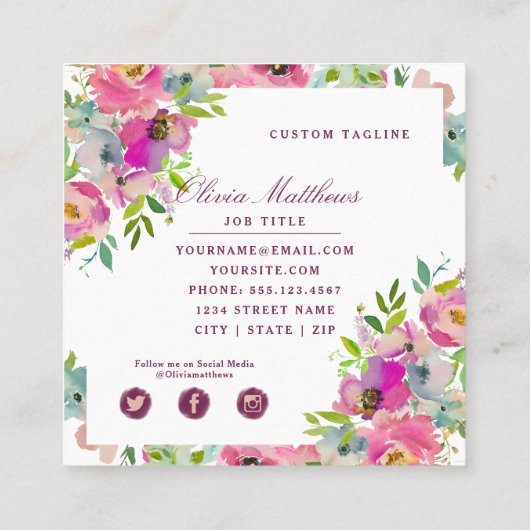 ブルーミングシック赤面ピンクフローラ枠付き正方形 スクエア名刺 (裏面)