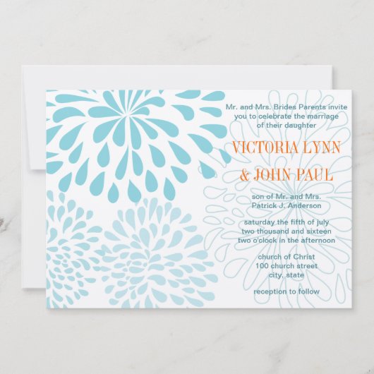 ブルーミングダリアコーラルブルーフローラ結婚式の招待 招待状 (正面)