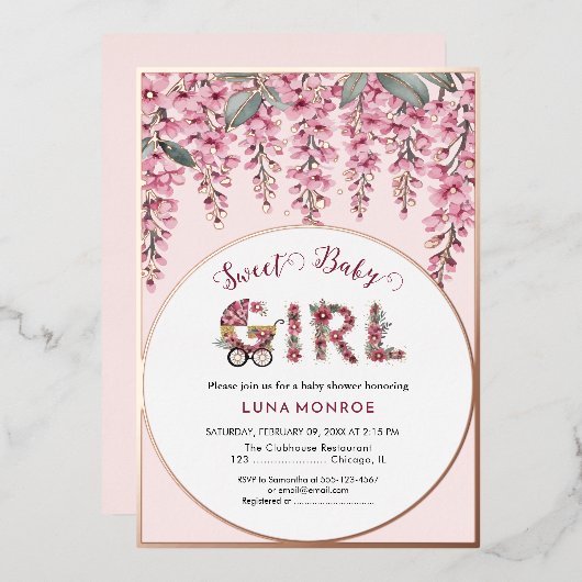 ブルーミングツリー赤ちゃんシャワー箔招待状 箔招待状 (正面/裏面)