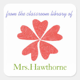 ブルーミングハートパーソナライズされた先生蔵書票 スクエアシール