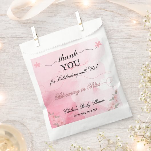 ブルーミングピンクの水の色のアートありがとう赤ちゃんシャワー フェイバーバッグ (クリップ留めされた状態)