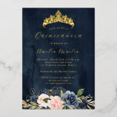 ブルーミングピンクネイビーフローラ蝶キンセアニェラ 箔招待状 (正面)